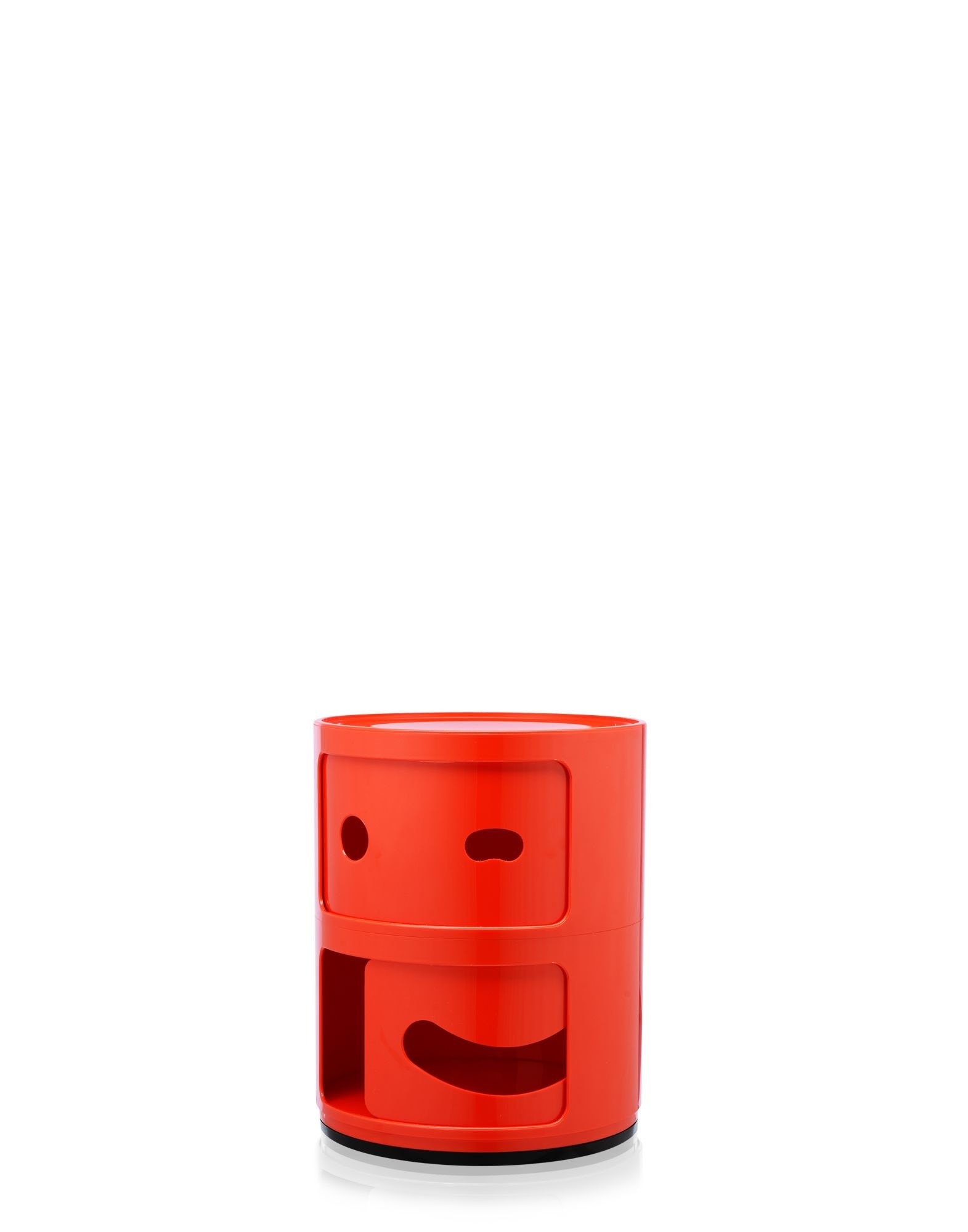 red cylindrical container with smiley face