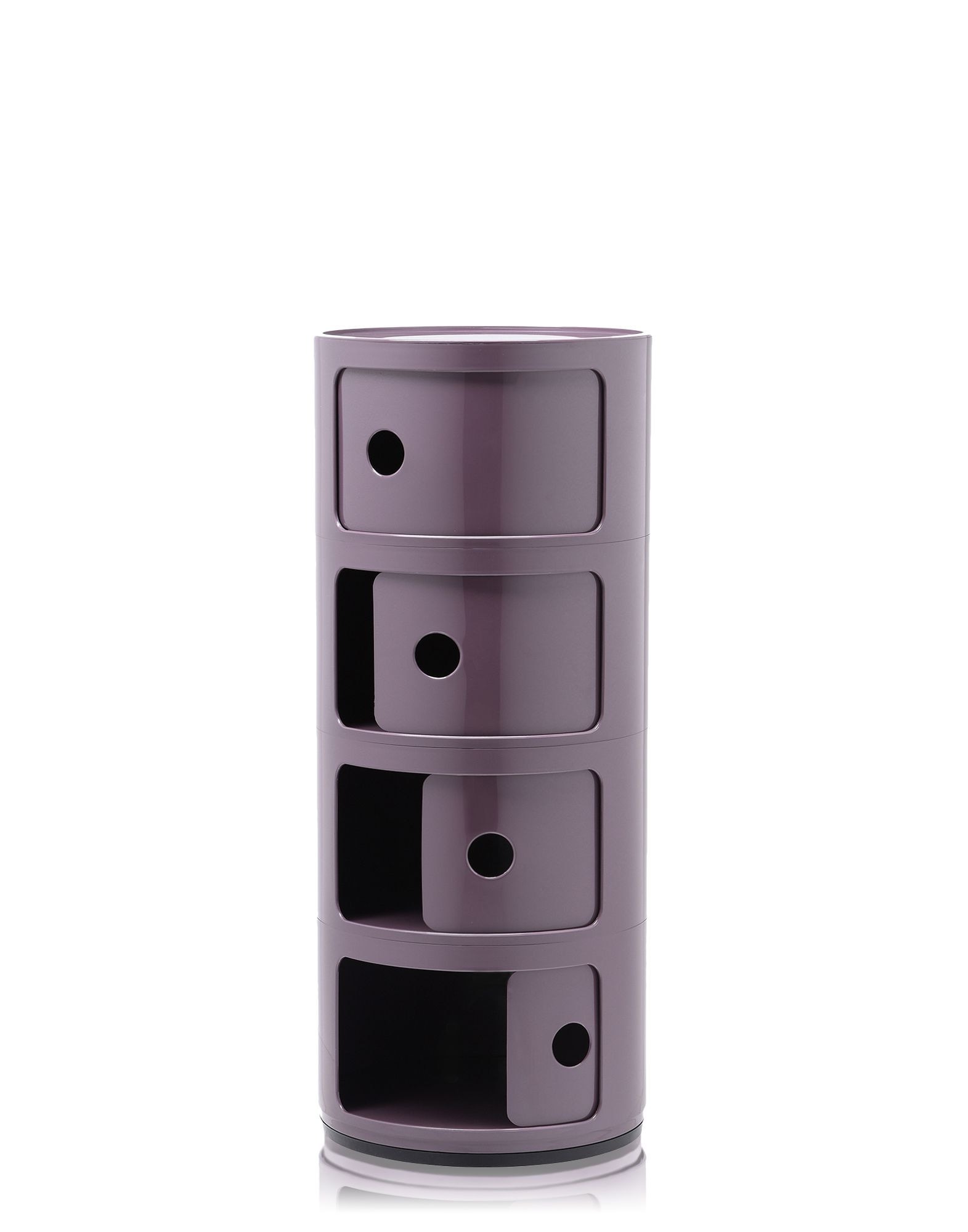 purple cylindrical storage unit with open drawers