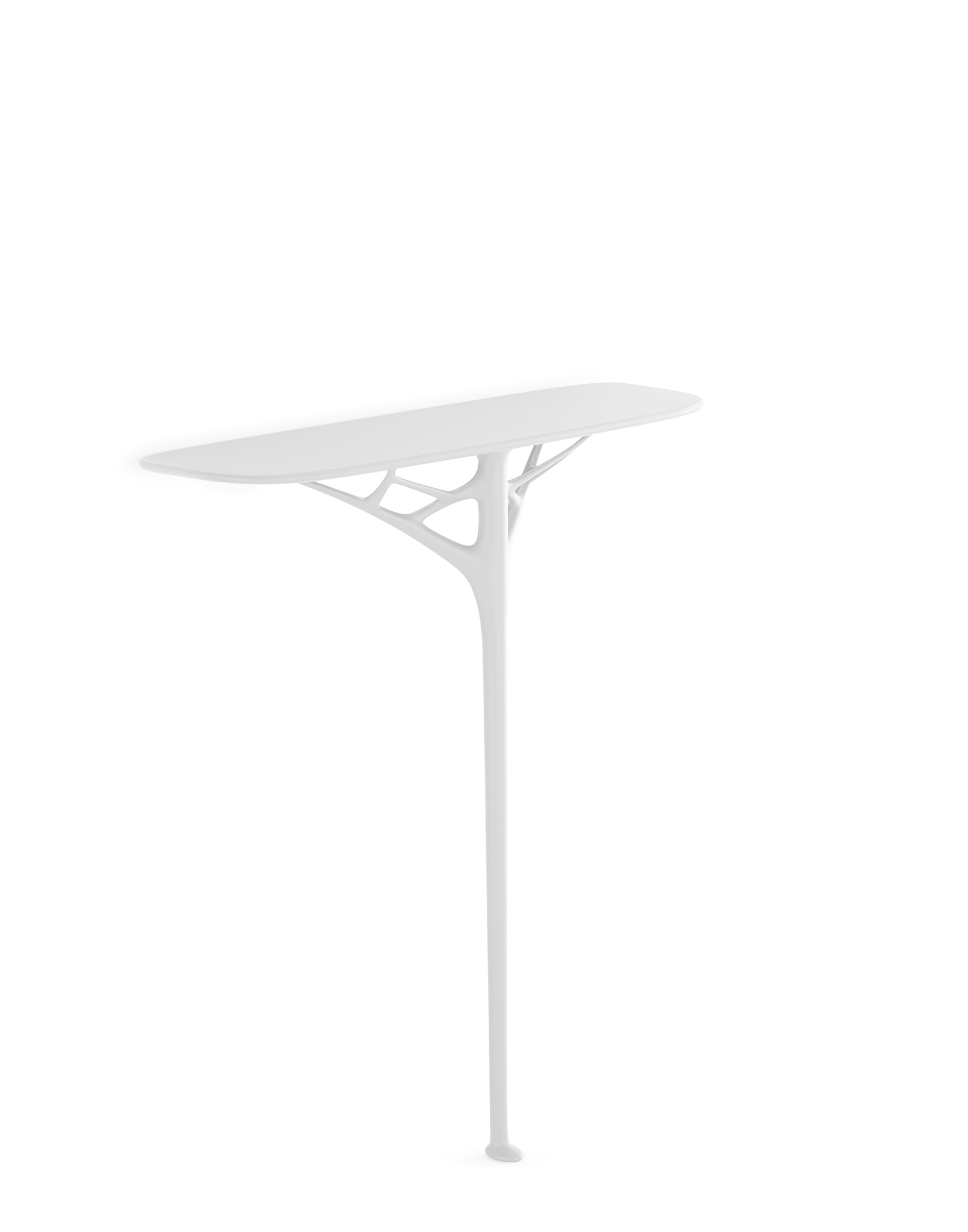 Angled perspective of the white A.I. Console highlighting the depth of the tabletop and the underside support structure.