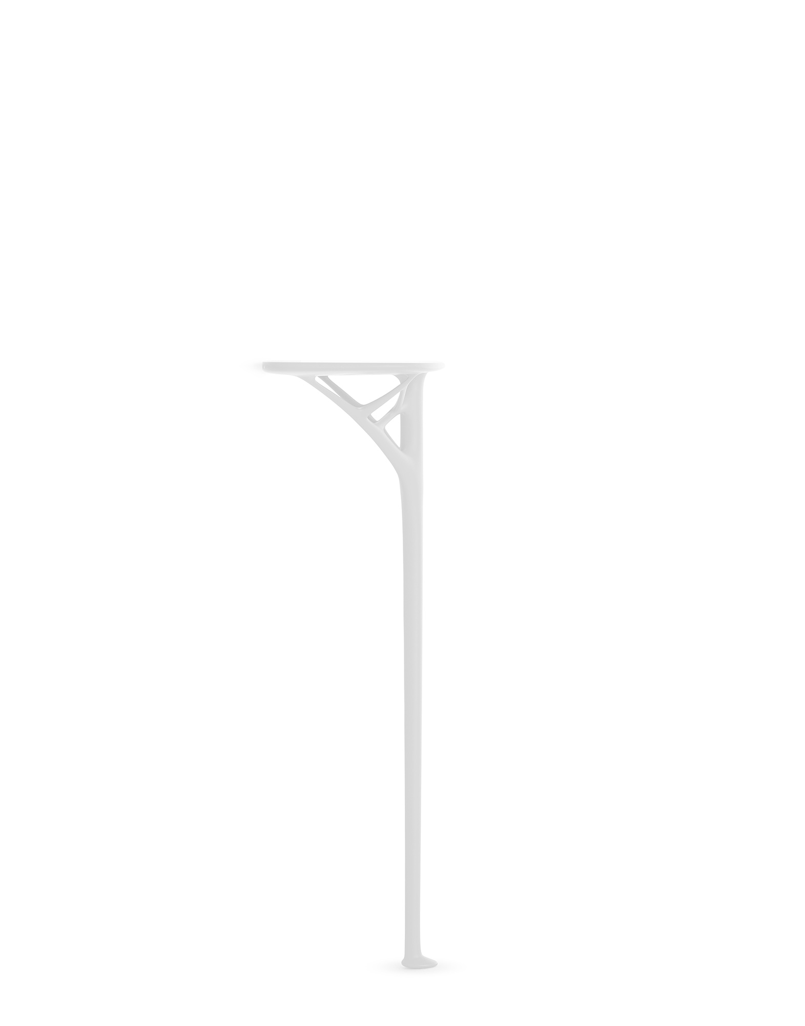 Side profile view of the white A.I. Console showing the thin profile of the leg and tabletop edge.