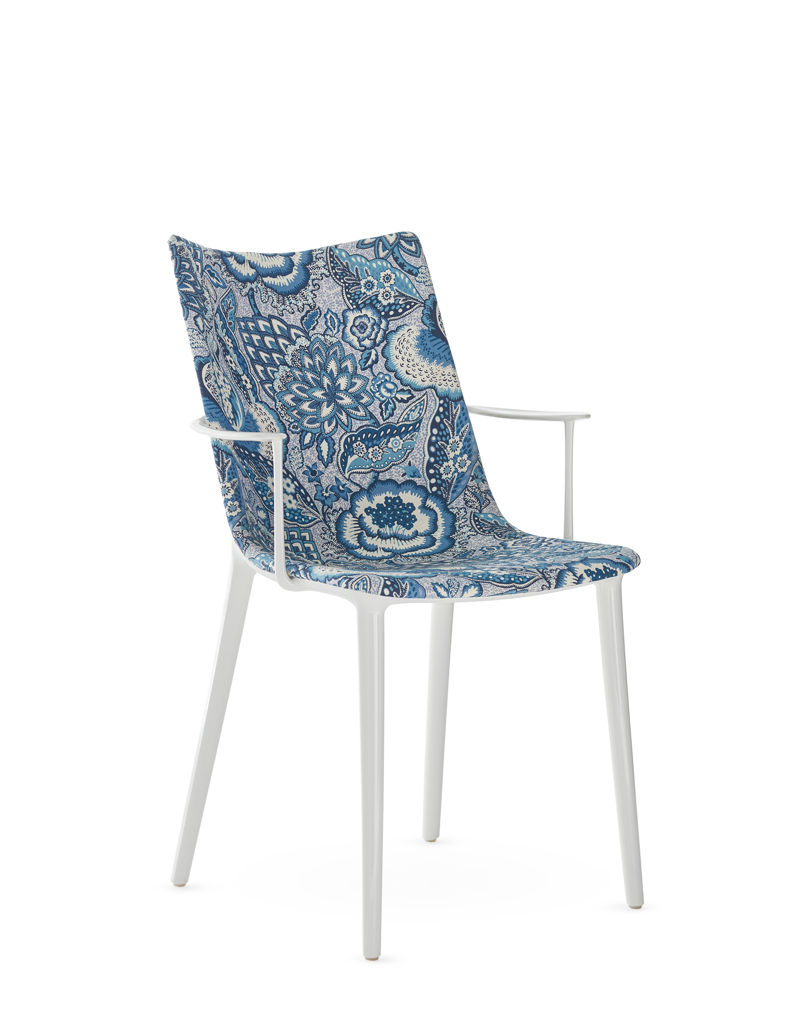 Front-right view of blue patterned upholstered chair