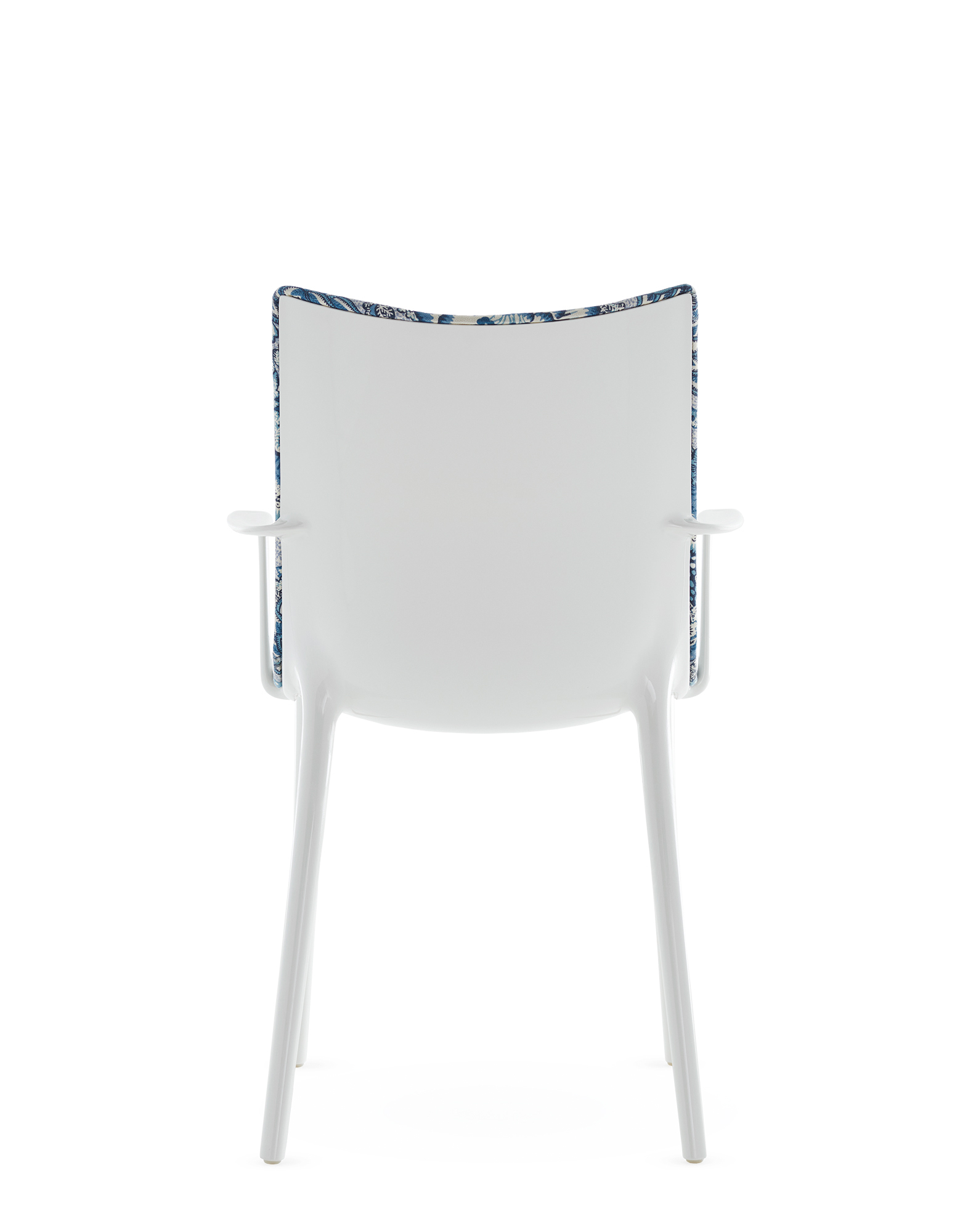 Back view of blue patterned upholstered chair showing upholstery edge