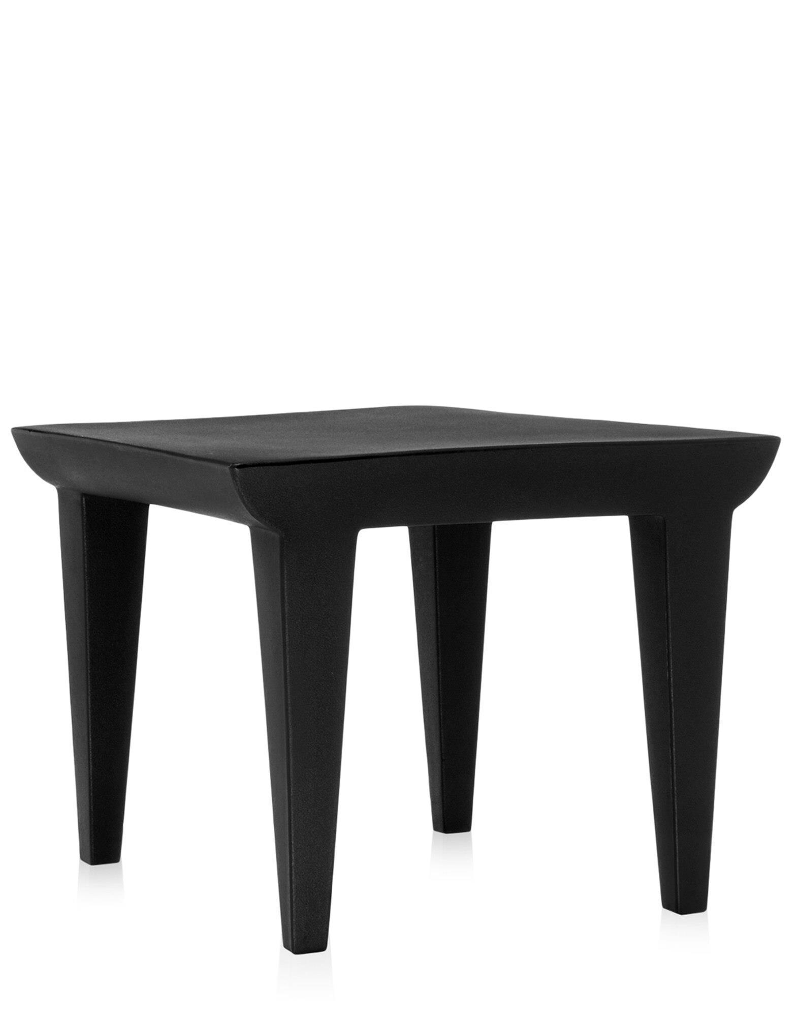 Black stool viewed from a slight angle showing seat and legs