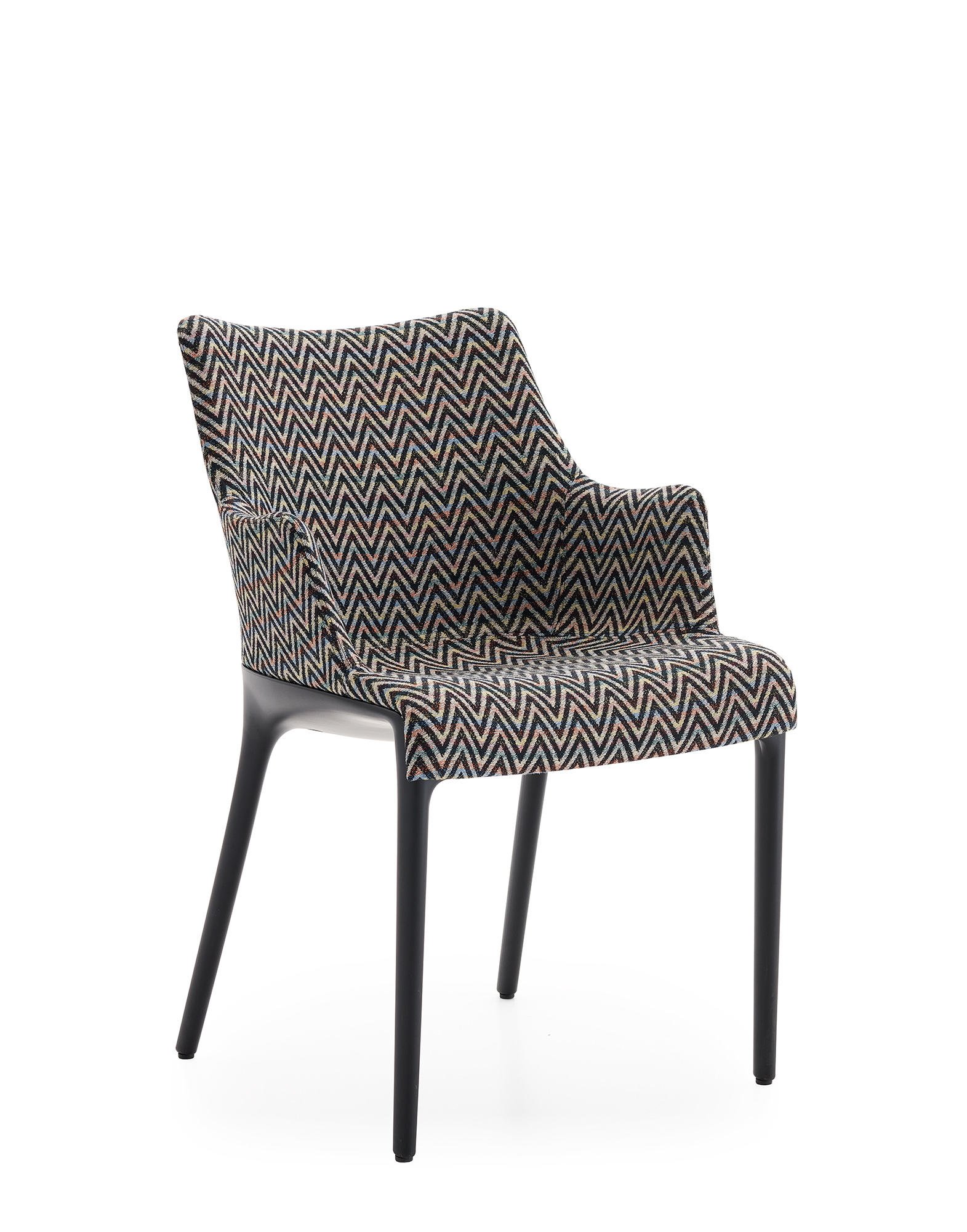 Chair with black and white chevron pattern from side